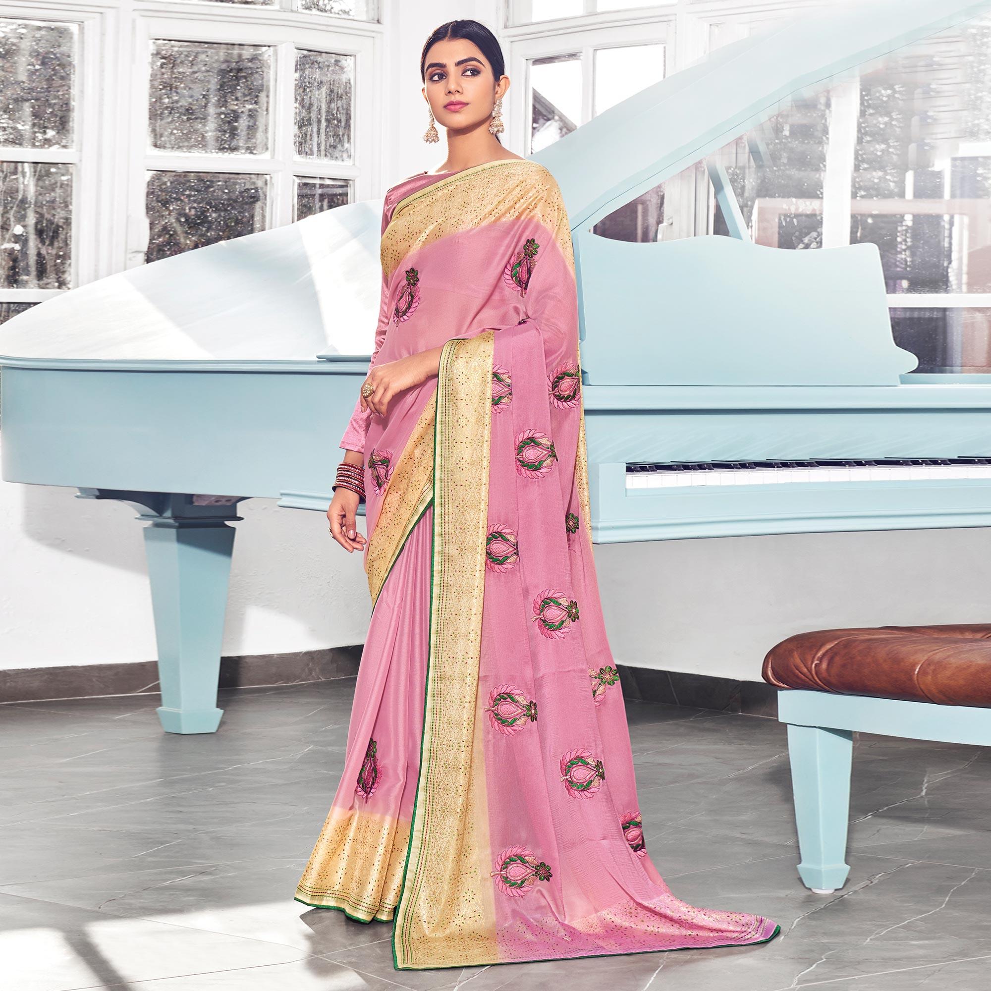 Light Pink Floral Embroidered Chiffon Saree - Peachmode