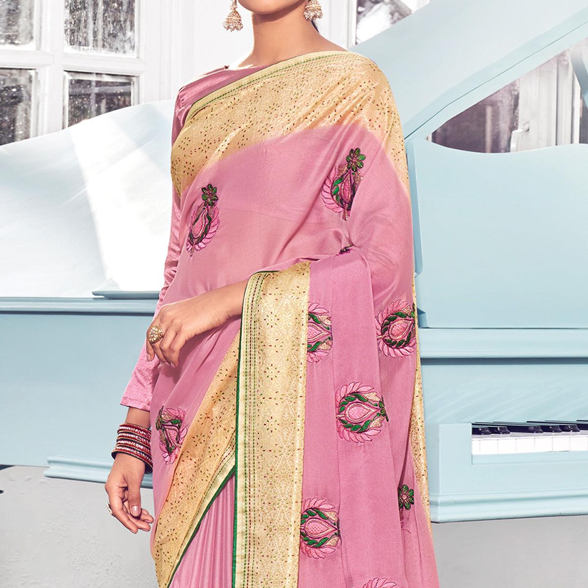 Light Pink Floral Embroidered Chiffon Saree - Peachmode