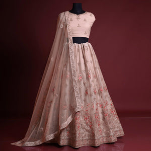 Light Pink Floral Embroidered Net Lehenga Choli - Peachmode