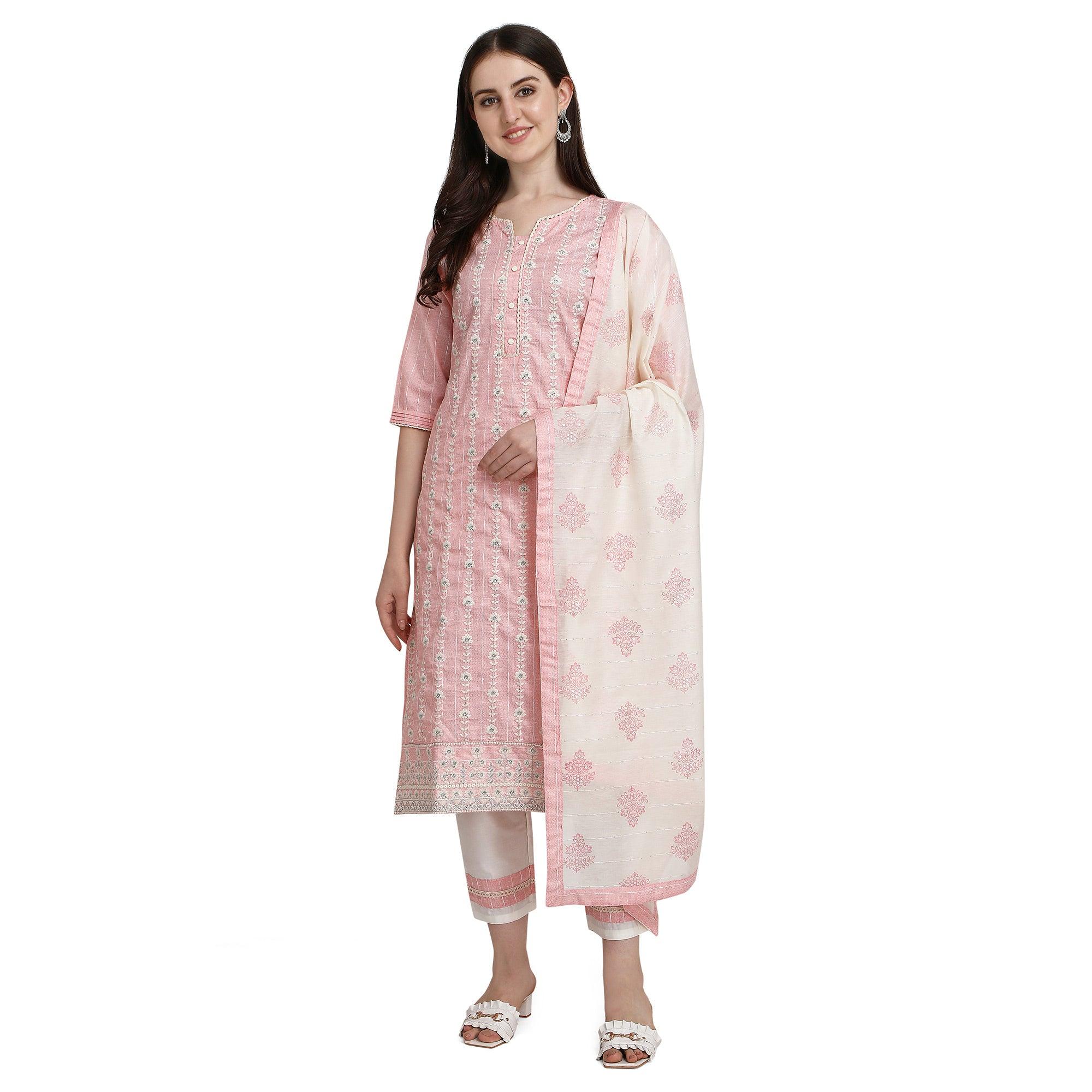 Light Pink Floral Embroidered Poly Cotton Kurti Pant Set - Peachmode