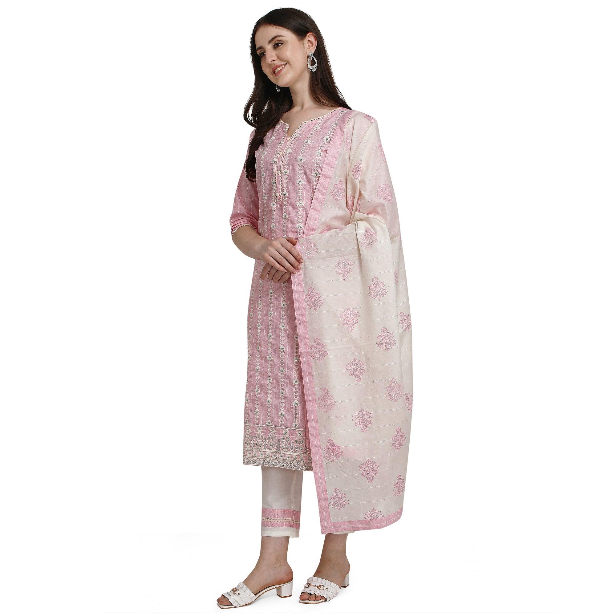Light Pink Floral Embroidered Poly Cotton Kurti Pant Set - Peachmode
