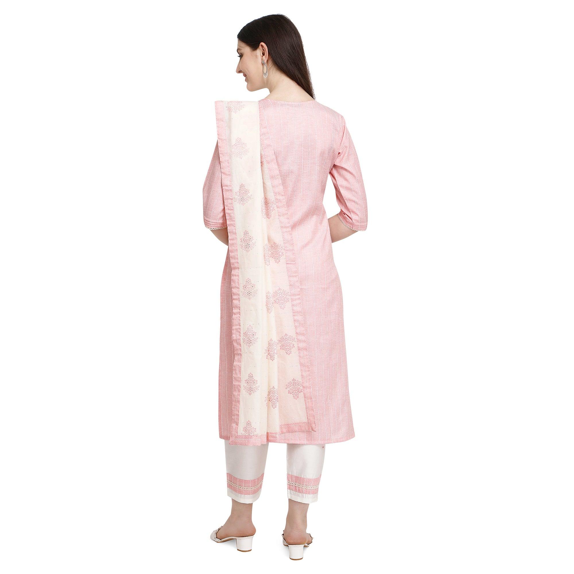 Light Pink Floral Embroidered Poly Cotton Kurti Pant Set - Peachmode
