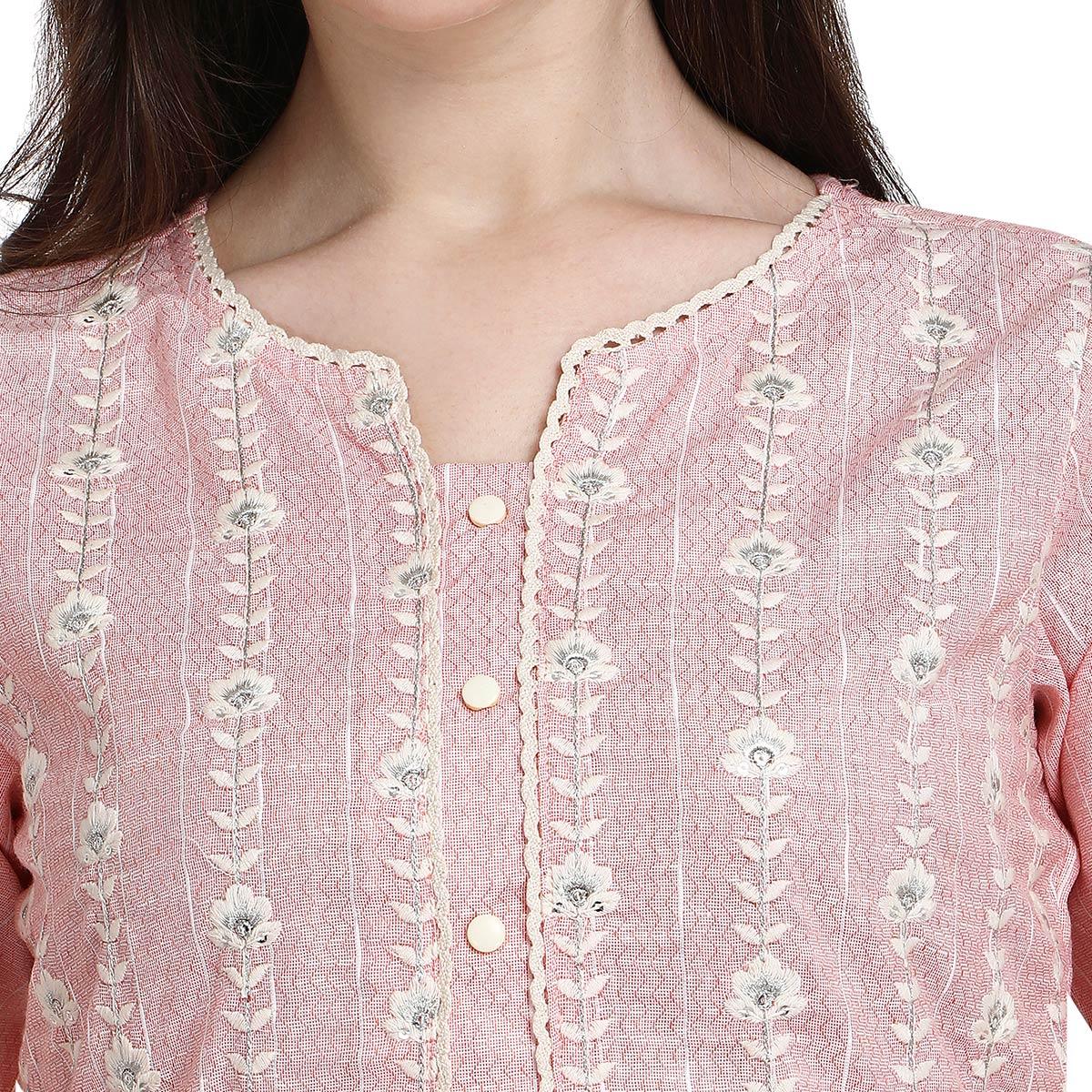 Light Pink Floral Embroidered Poly Cotton Kurti Pant Set - Peachmode