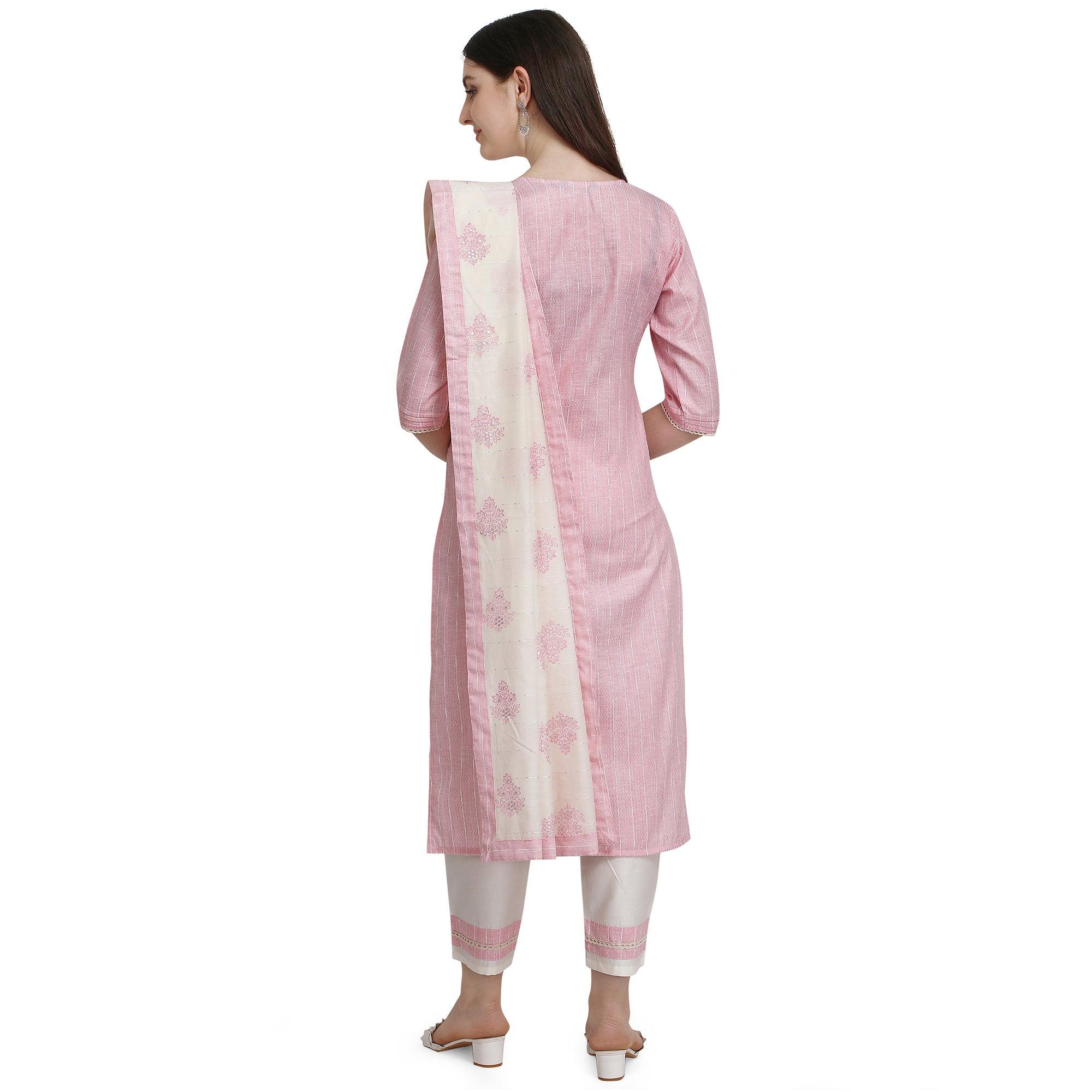Light Pink Floral Embroidered Poly Cotton Kurti Pant Set - Peachmode