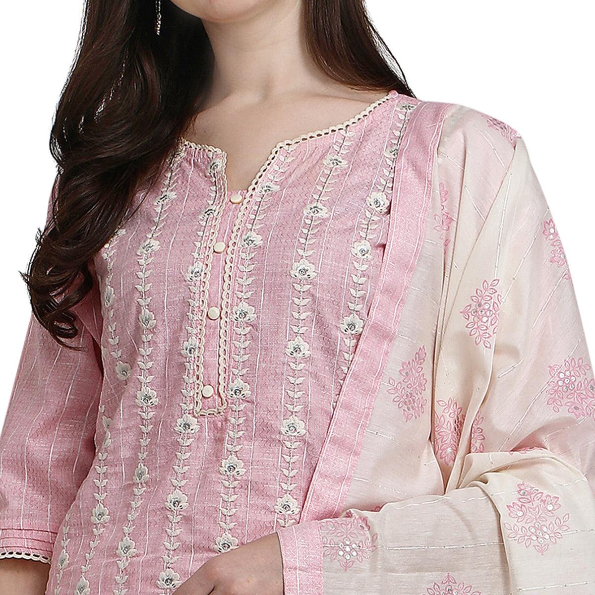 Light Pink Floral Embroidered Poly Cotton Kurti Pant Set - Peachmode