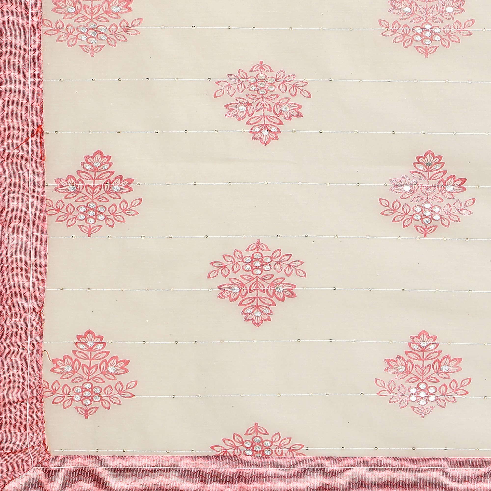Light Pink Floral Embroidered Poly Cotton Kurti Pant Set - Peachmode
