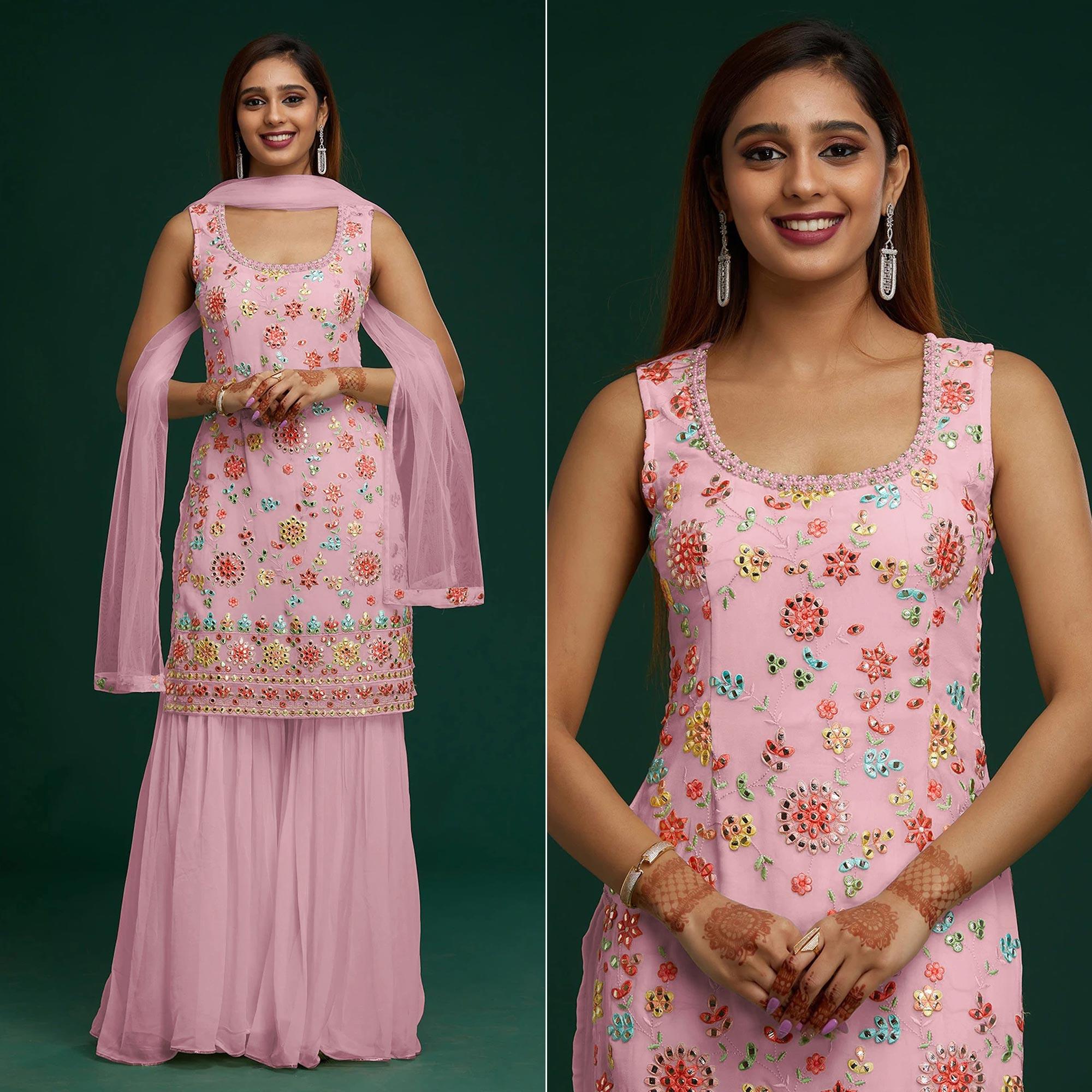 Light Pink Floral Embroidered With Mirror Work Georgette Sharara Suit - Peachmode