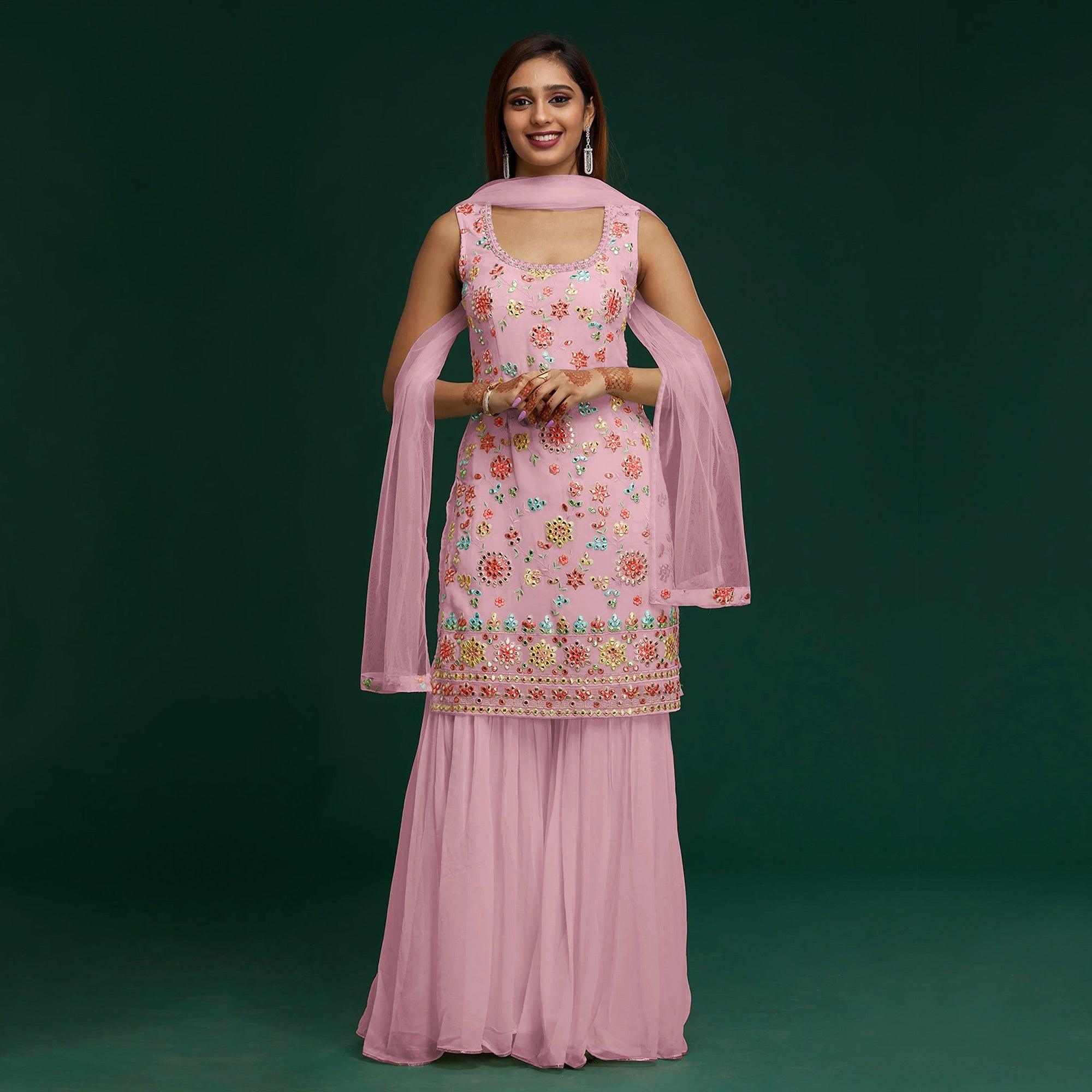Light Pink Floral Embroidered With Mirror Work Georgette Sharara Suit - Peachmode