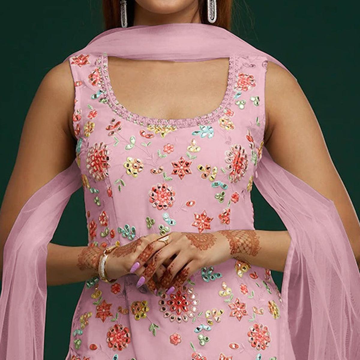 Light Pink Floral Embroidered With Mirror Work Georgette Sharara Suit - Peachmode