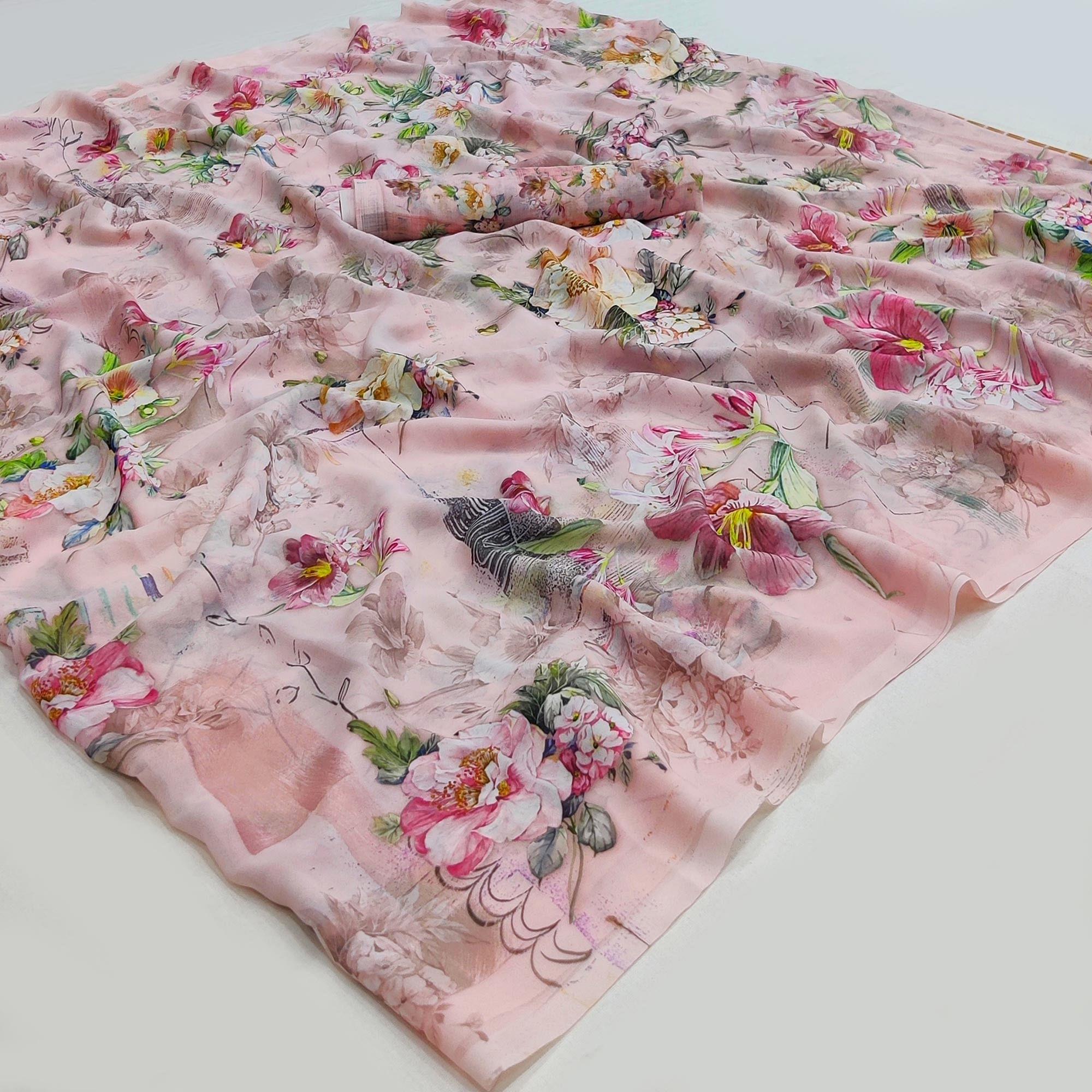 Light Pink Floral Printed Georgette Saree - Peachmode