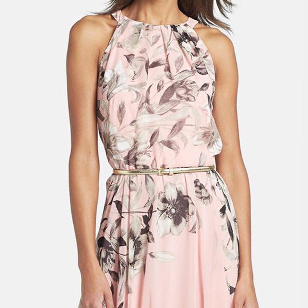 Light Pink Floral Printed Gown - Peachmode