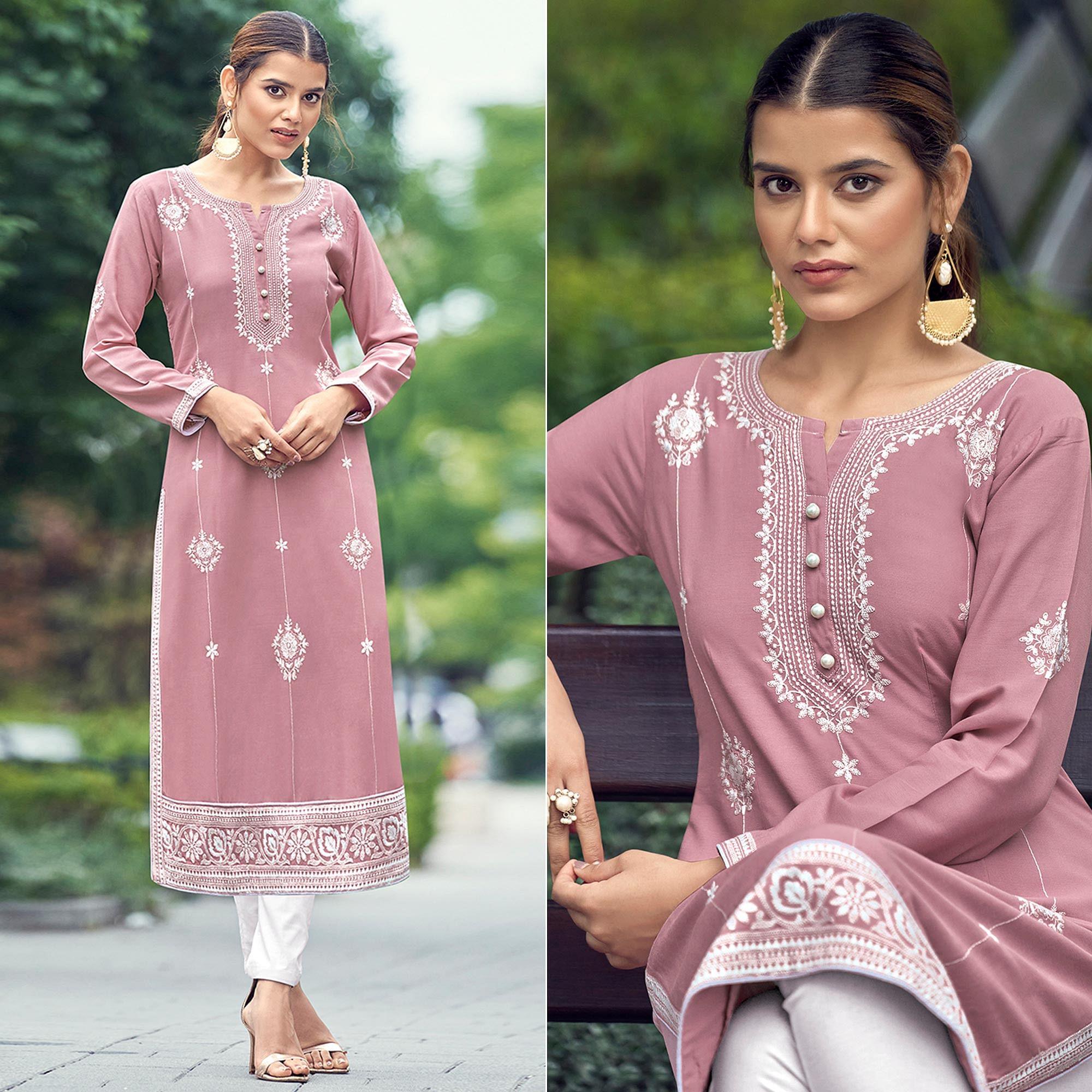 Light Pink Lakhnawi Work Rayon Kurti - Peachmode