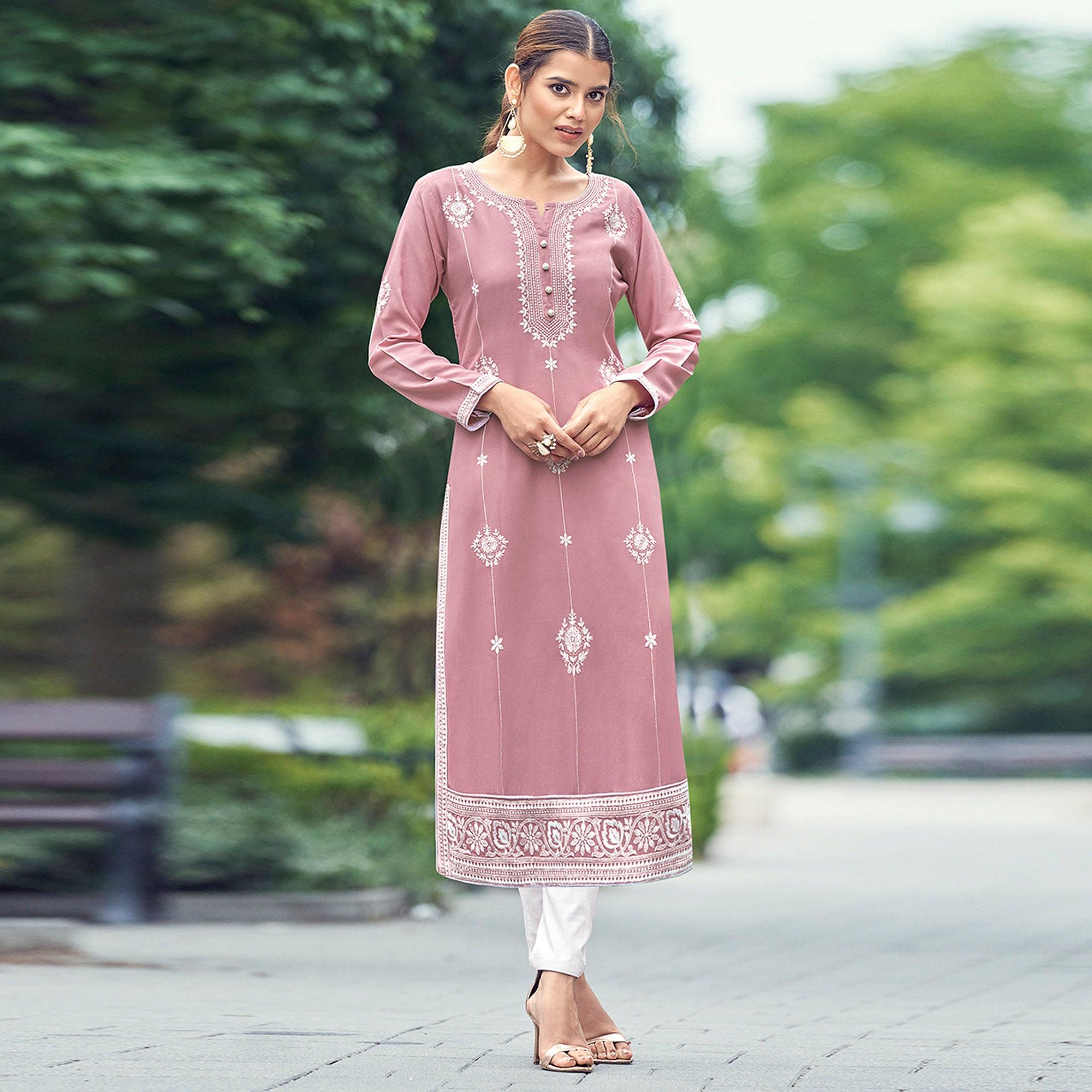 Light Pink Lakhnawi Work Rayon Kurti - Peachmode