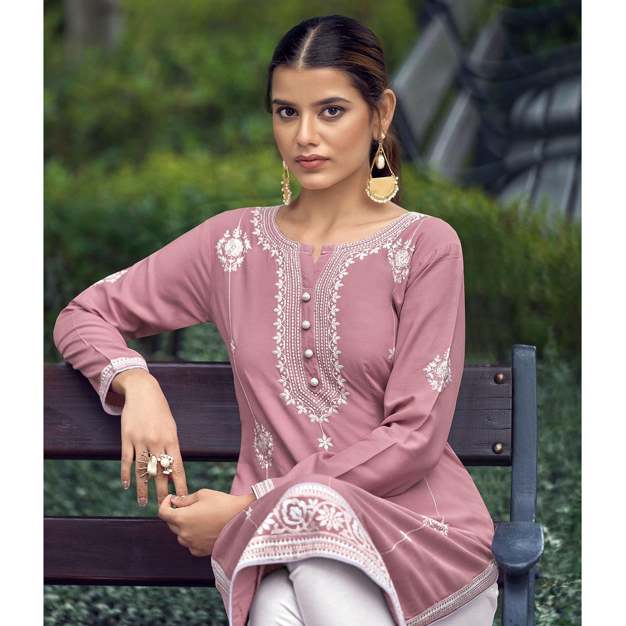 Light Pink Lakhnawi Work Rayon Kurti - Peachmode