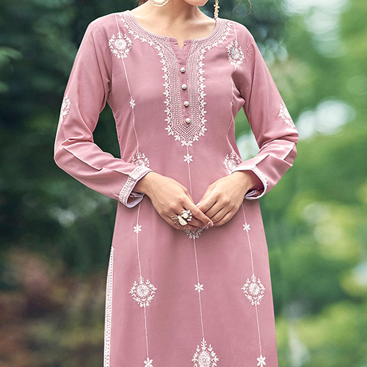 Light Pink Lakhnawi Work Rayon Kurti - Peachmode