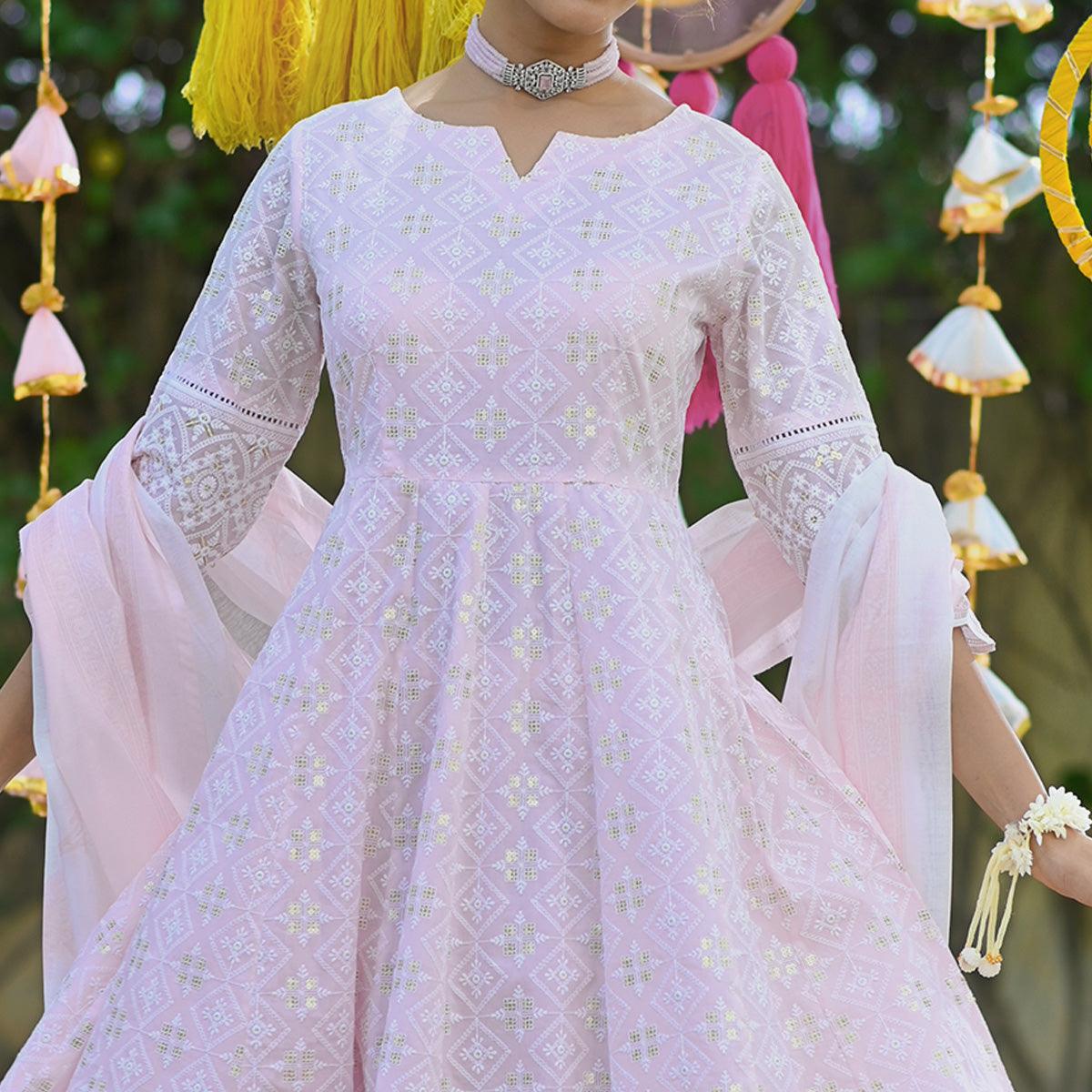 Light Pink Lucknowi Embroidered Pure Cotton Anarkali Suit - Peachmode