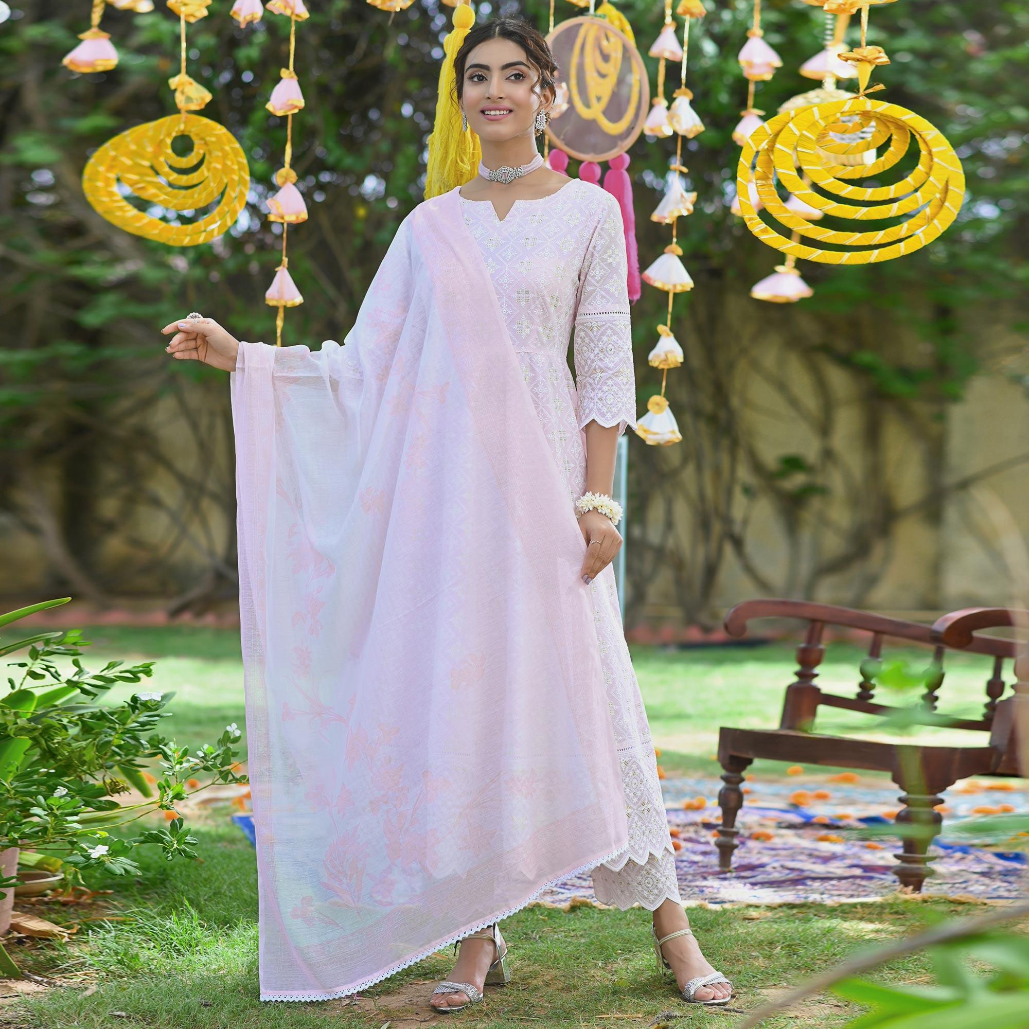 Light Pink Lucknowi Embroidered Pure Cotton Anarkali Suit - Peachmode