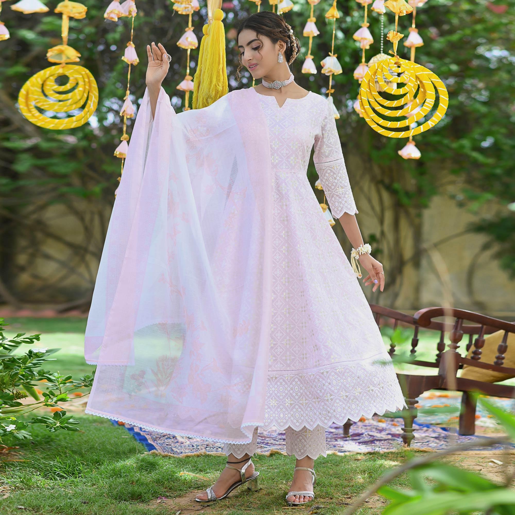 Light Pink Lucknowi Embroidered Pure Cotton Anarkali Suit - Peachmode