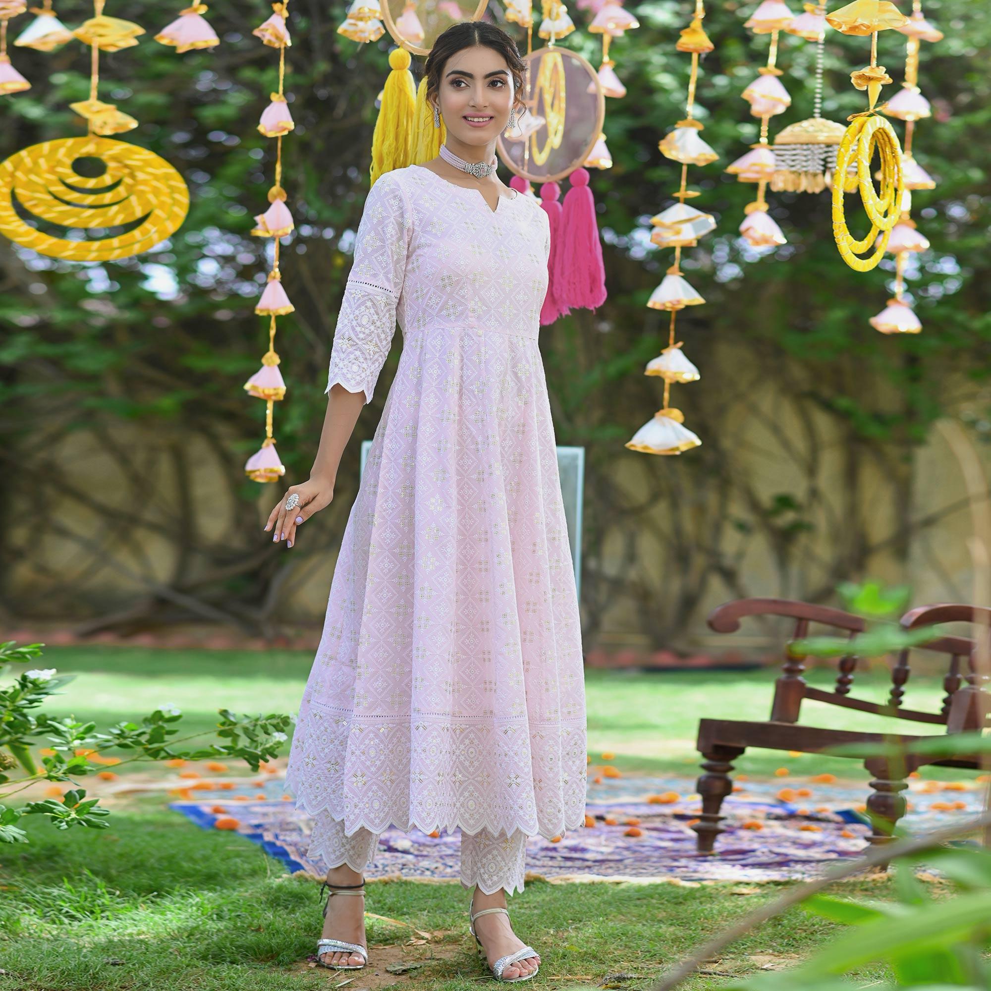 Light Pink Lucknowi Embroidered Pure Cotton Anarkali Suit - Peachmode