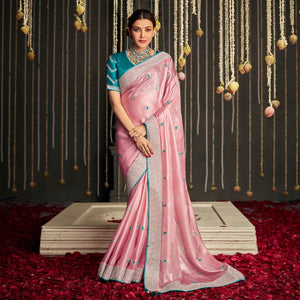 Light Pink Paisley Embroidered Art Silk Saree With Tassels - Peachmode