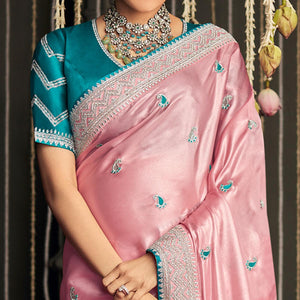 Light Pink Paisley Embroidered Art Silk Saree With Tassels - Peachmode