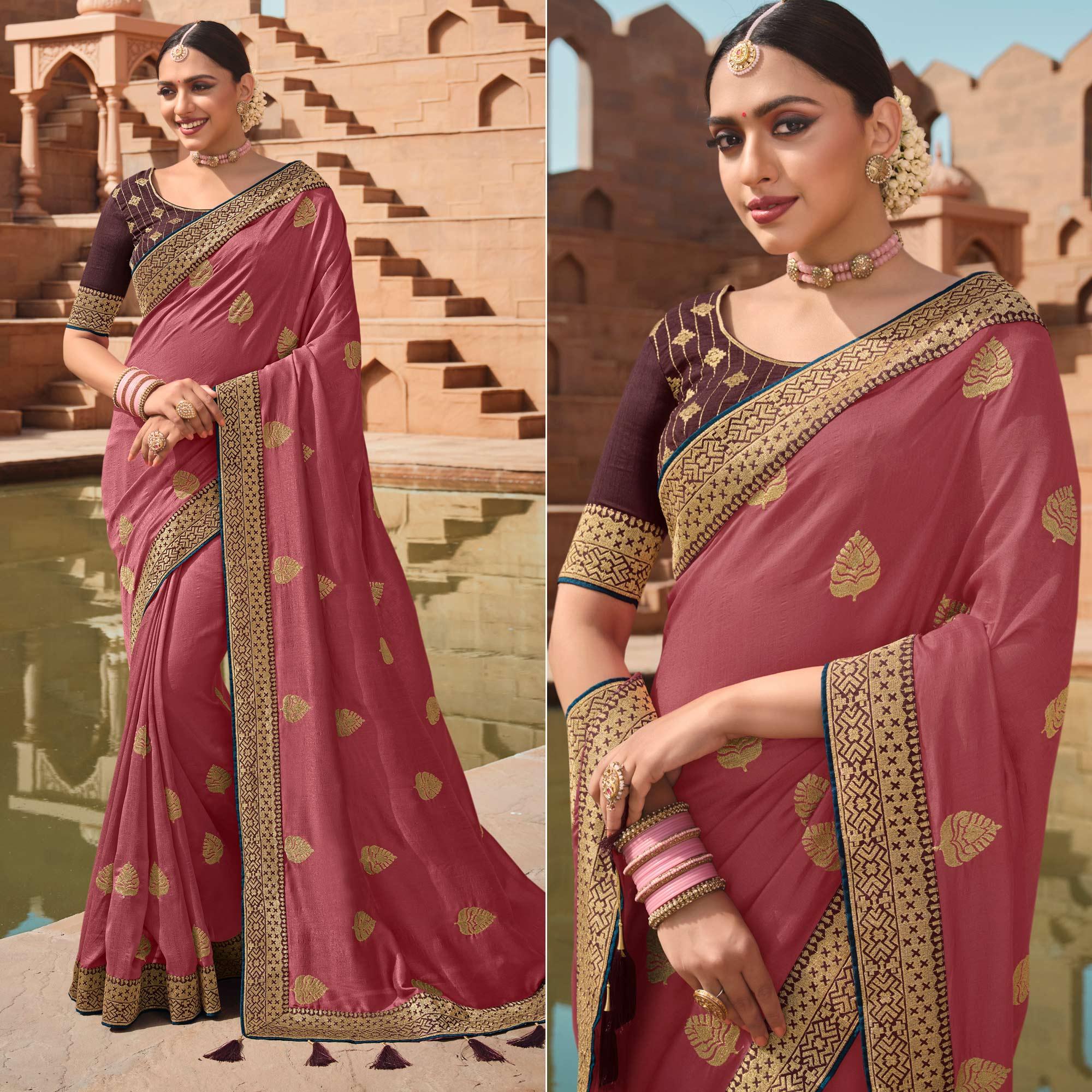 Light pink Party Wear Embroidered Art Silk Saree - Peachmode