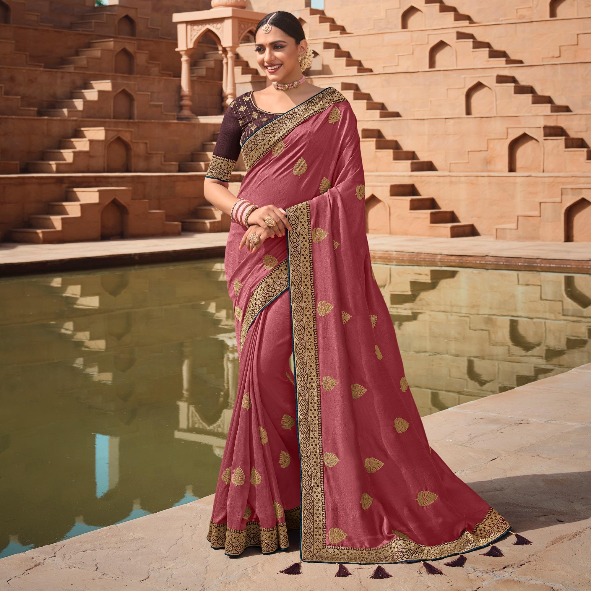 Light pink Party Wear Embroidered Art Silk Saree - Peachmode