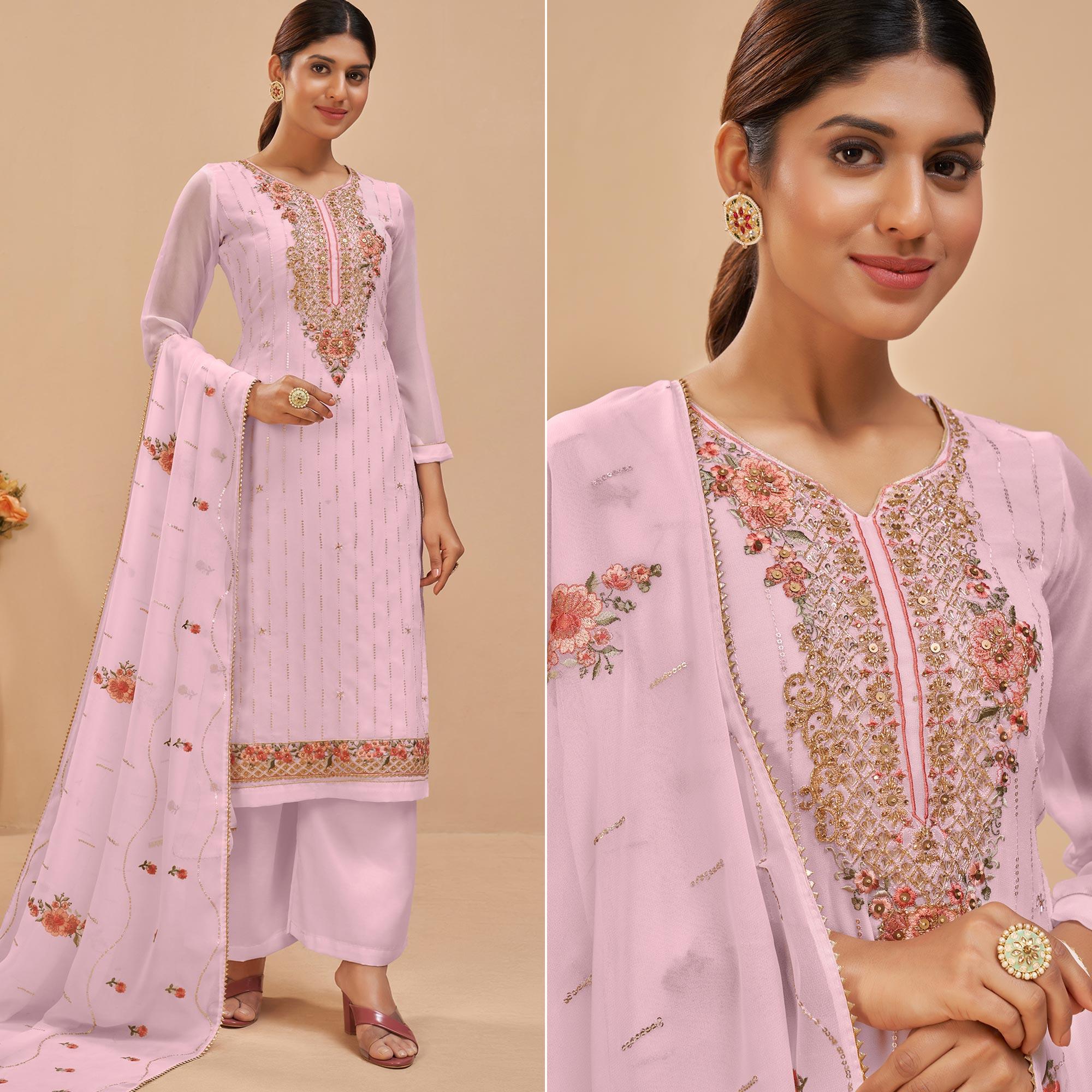 Light Pink Party Wear Embroidered Georgette Suit - Peachmode