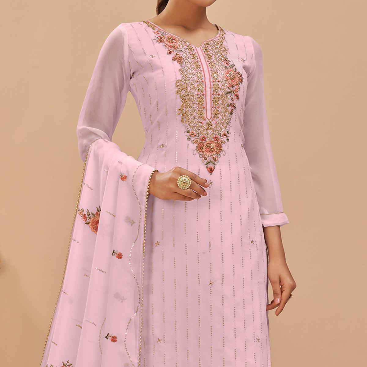 Light Pink Party Wear Embroidered Georgette Suit - Peachmode