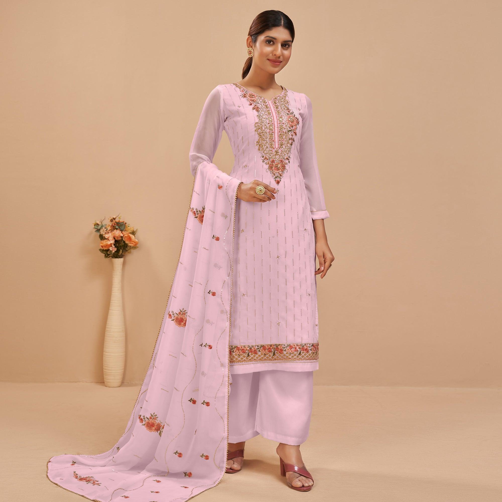 Light Pink Party Wear Embroidered Georgette Suit - Peachmode