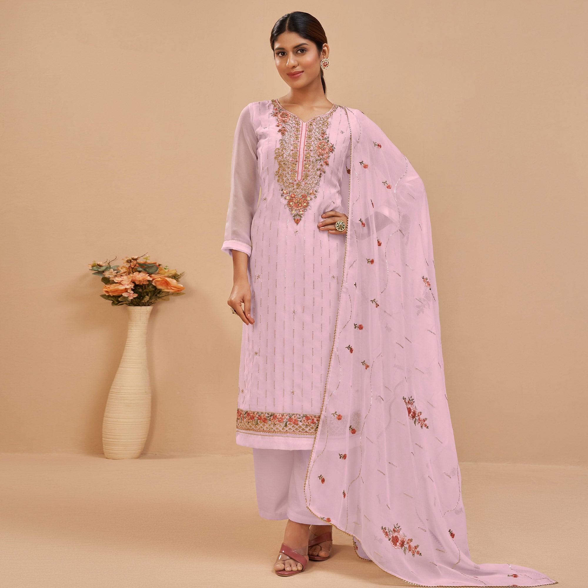 Light Pink Party Wear Embroidered Georgette Suit - Peachmode