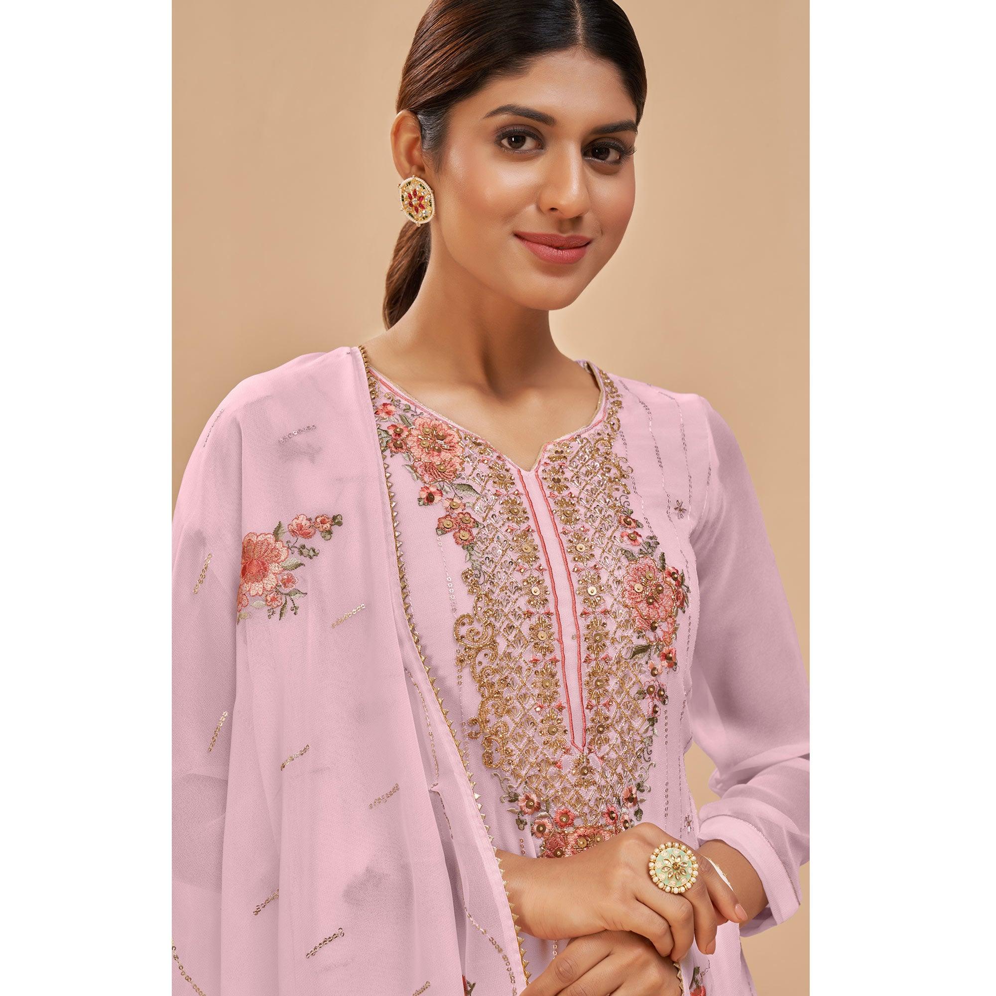 Light Pink Party Wear Embroidered Georgette Suit - Peachmode