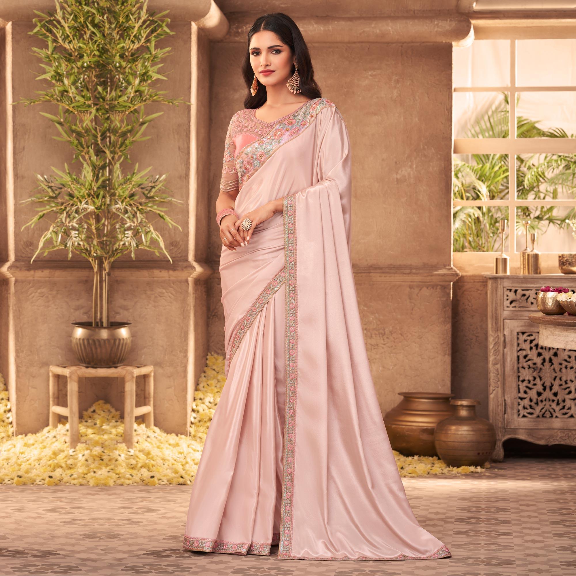 Light Pink Partywear Embroidered Silk Saree - Peachmode