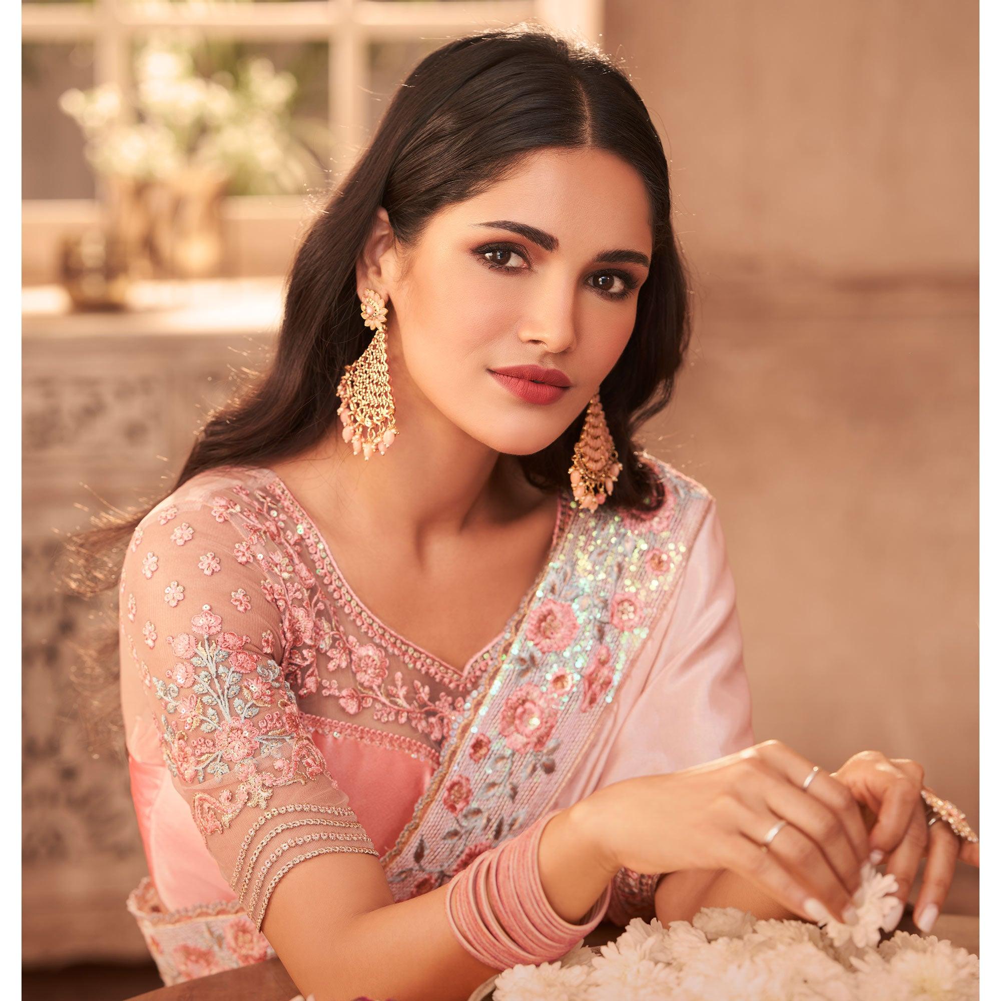 Light Pink Partywear Embroidered Silk Saree - Peachmode