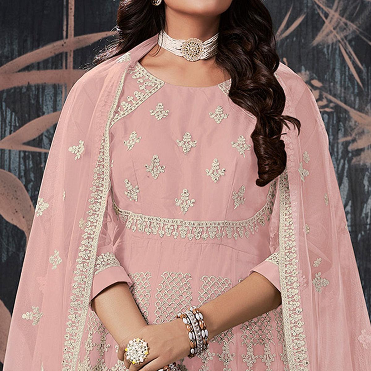 Light Pink Partywear Embroidery With Embellished Net Gown - Peachmode