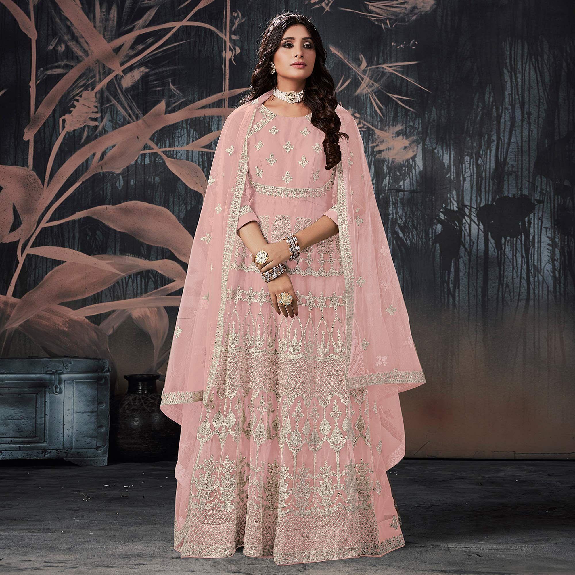 Light Pink Partywear Embroidery With Embellished Net Gown - Peachmode