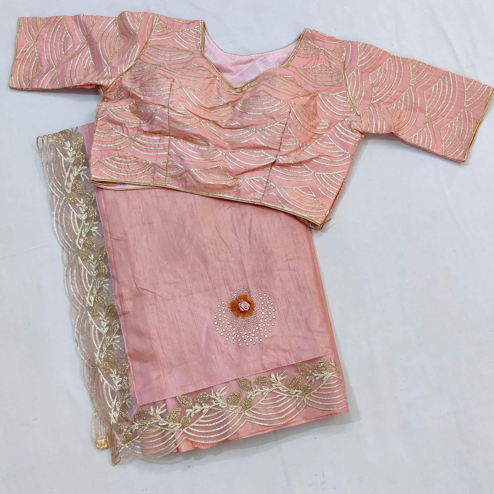 Light Pink Partywear Floral Mukeish Embroidered Dola Silk Saree - Peachmode