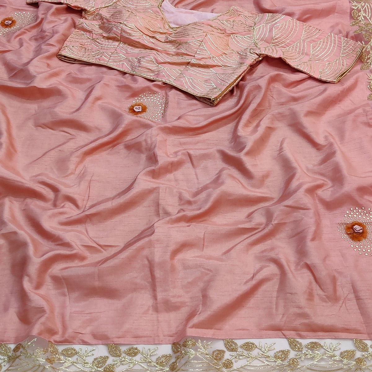 Light Pink Partywear Floral Mukeish Embroidered Dola Silk Saree - Peachmode