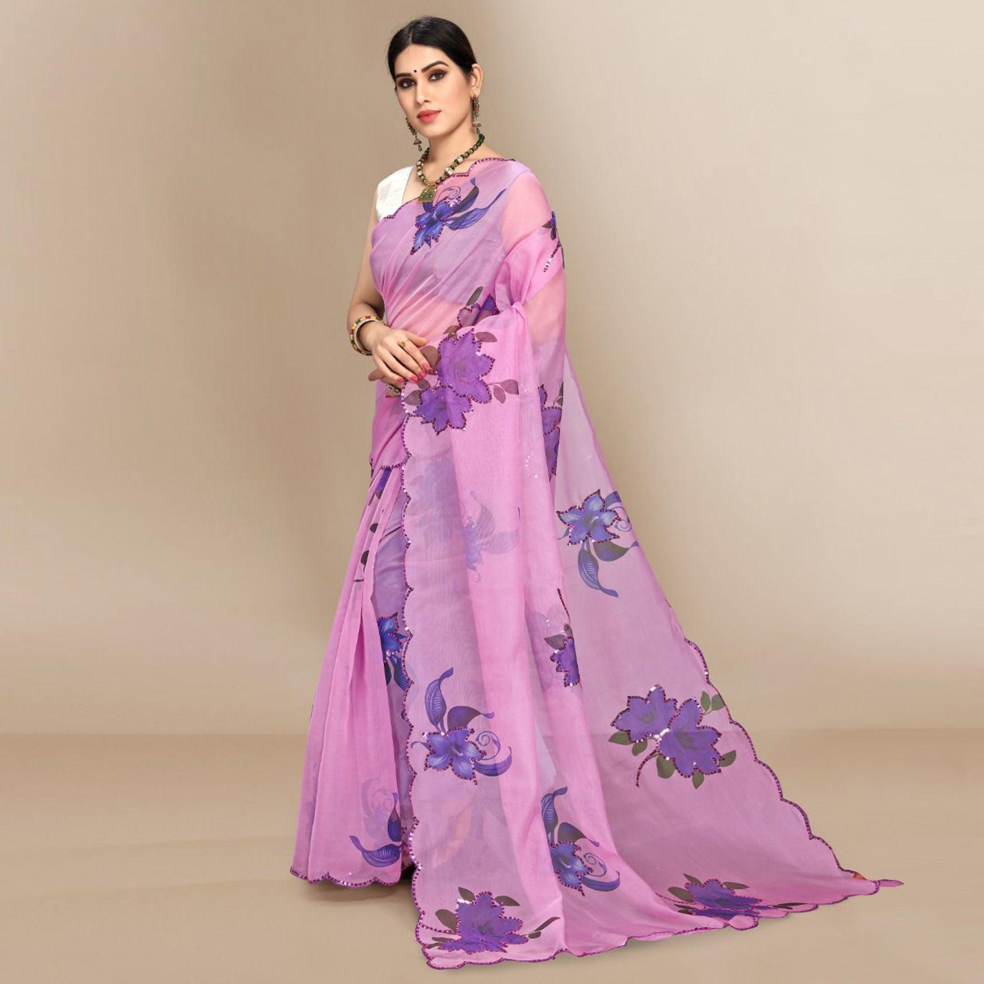 Light Pink Partywear Sequence & Printed Organza Saree - Peachmode