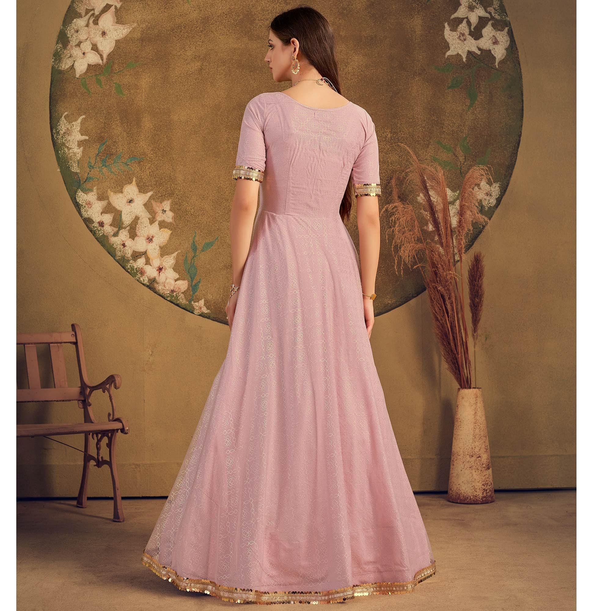 Light Pink Partywear Wear Foil Work Net Gown - Peachmode