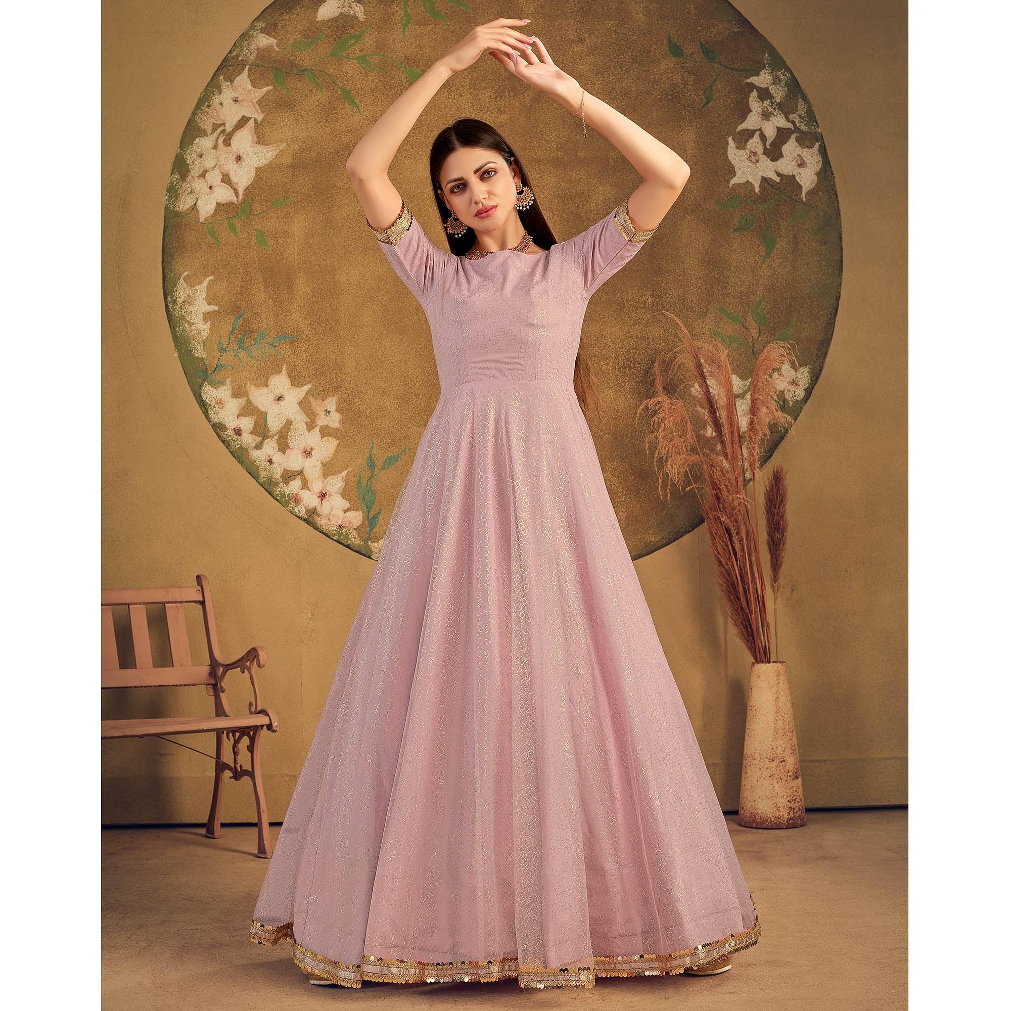 Light Pink Partywear Wear Foil Work Net Gown - Peachmode