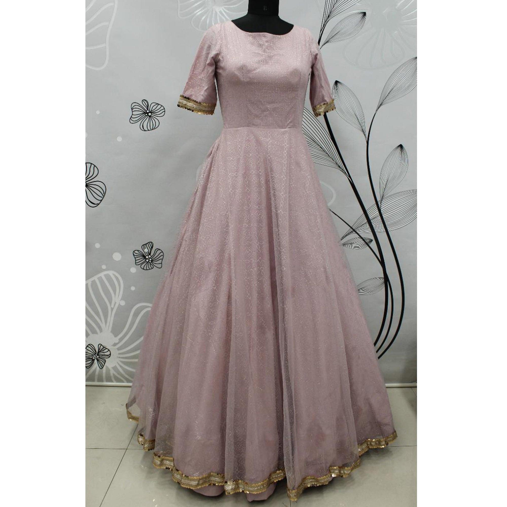 Light Pink Partywear Wear Foil Work Net Gown - Peachmode