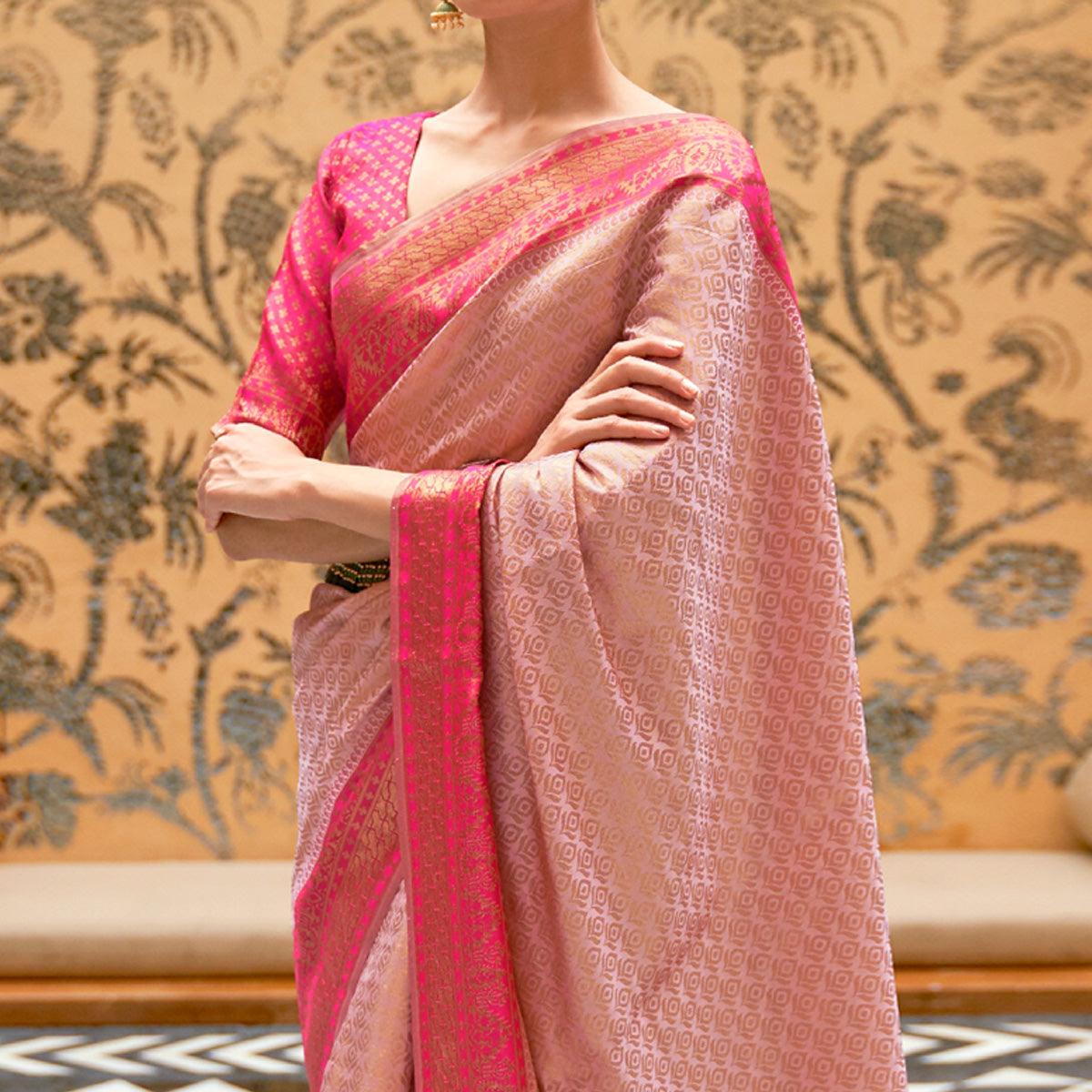 Light Pink Partywear Zari Woven Pure Silk Saree - Peachmode