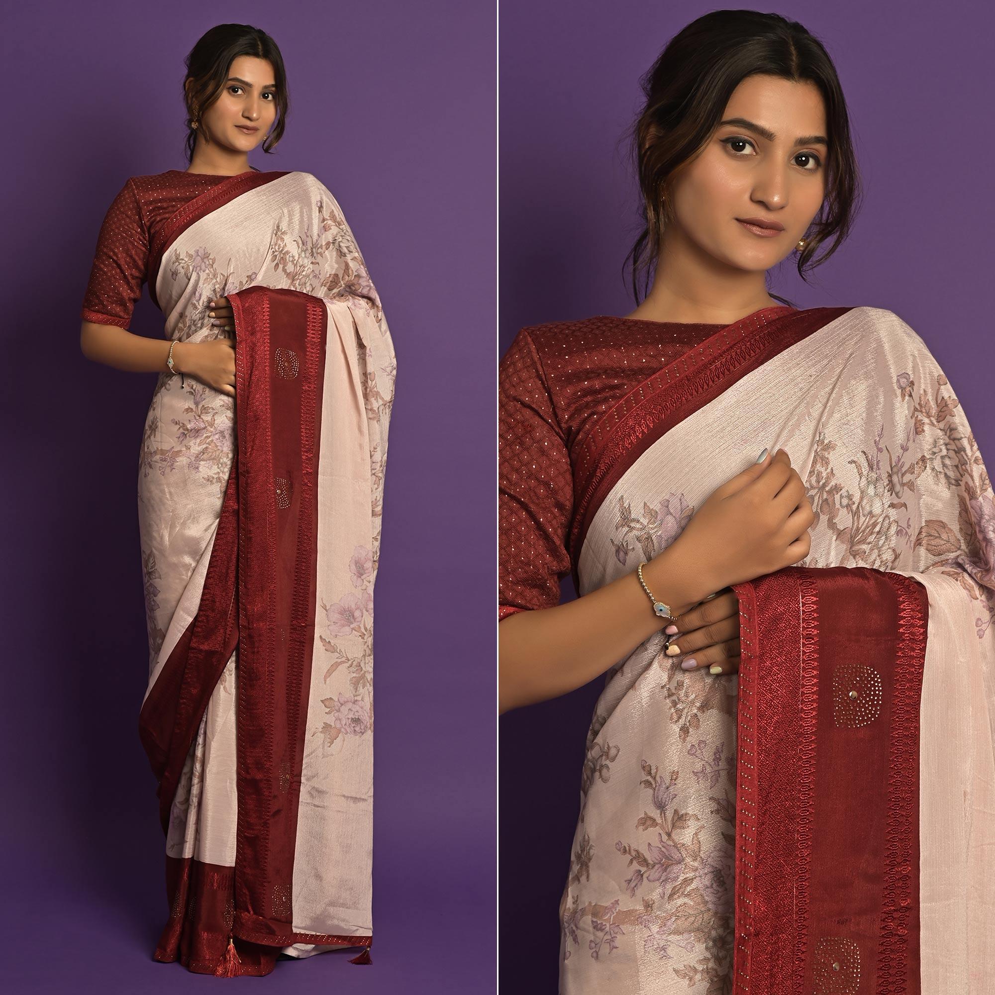 Light Pink Printed-Embellished Chiffon Saree - Peachmode