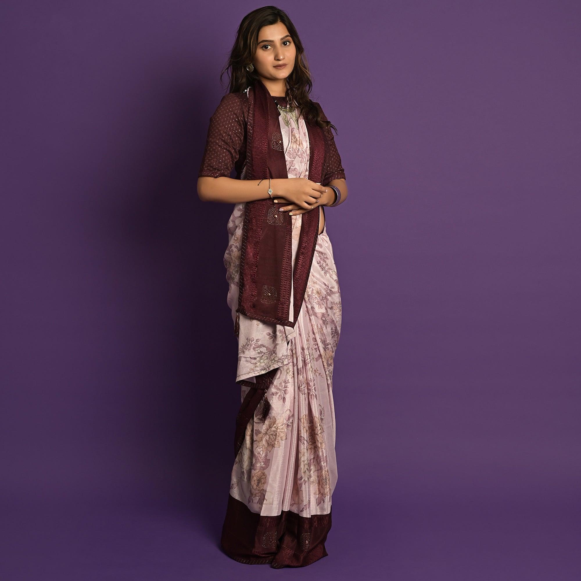 Light Pink Printed-Embellished Chiffon Saree - Peachmode