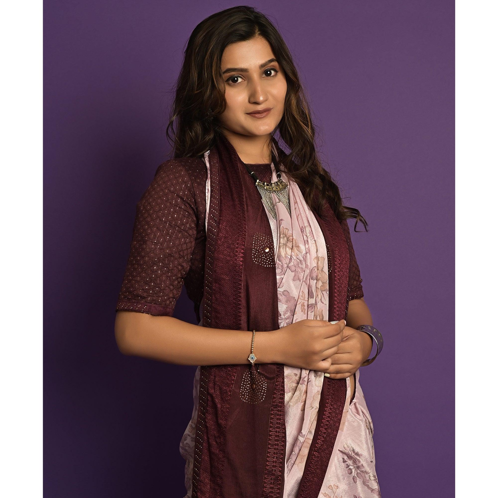 Light Pink Printed-Embellished Chiffon Saree - Peachmode
