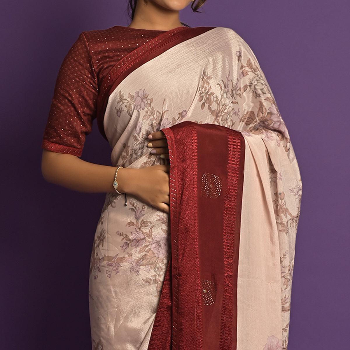 Light Pink Printed-Embellished Chiffon Saree - Peachmode