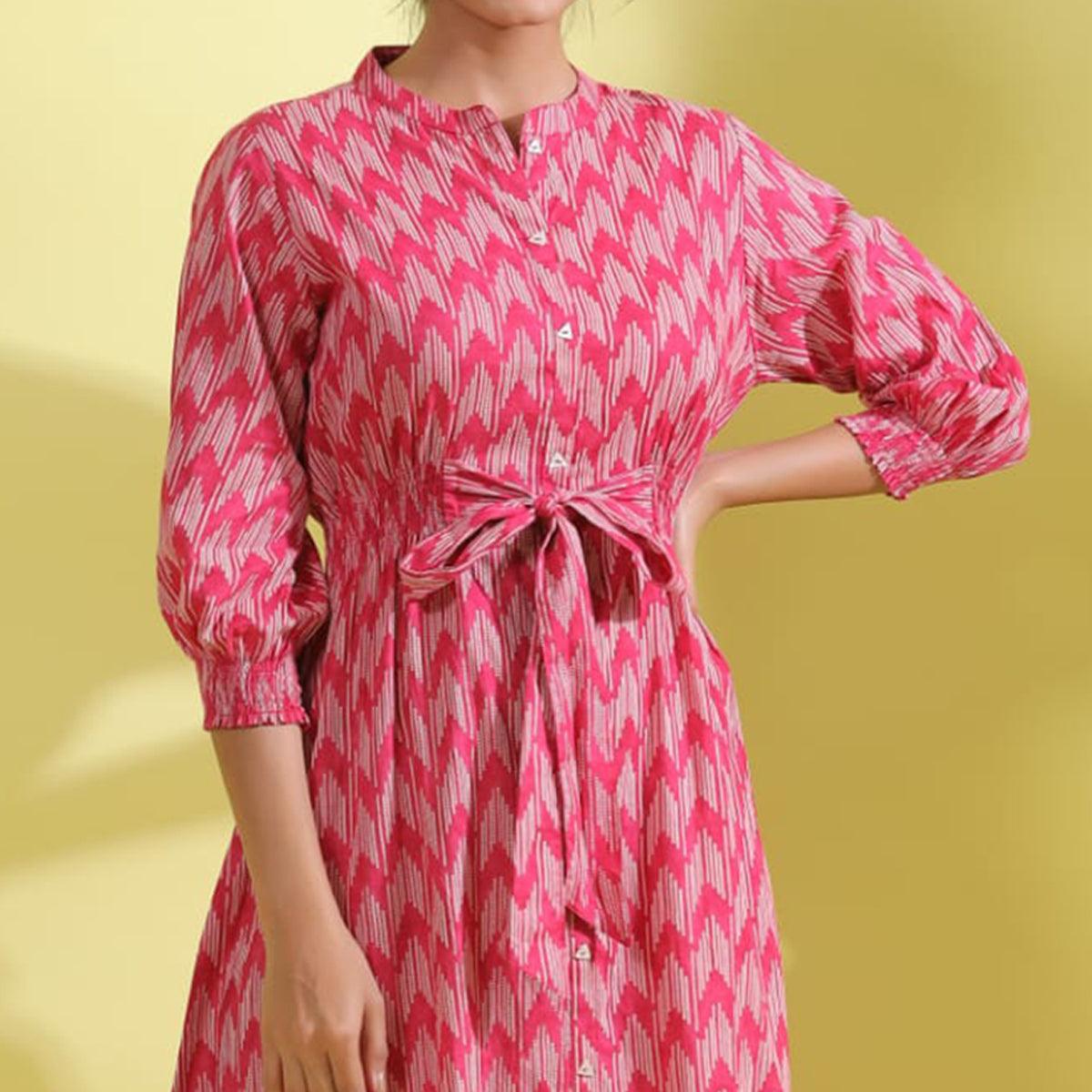 Light Pink Printed Pure Cotton Dress - Peachmode