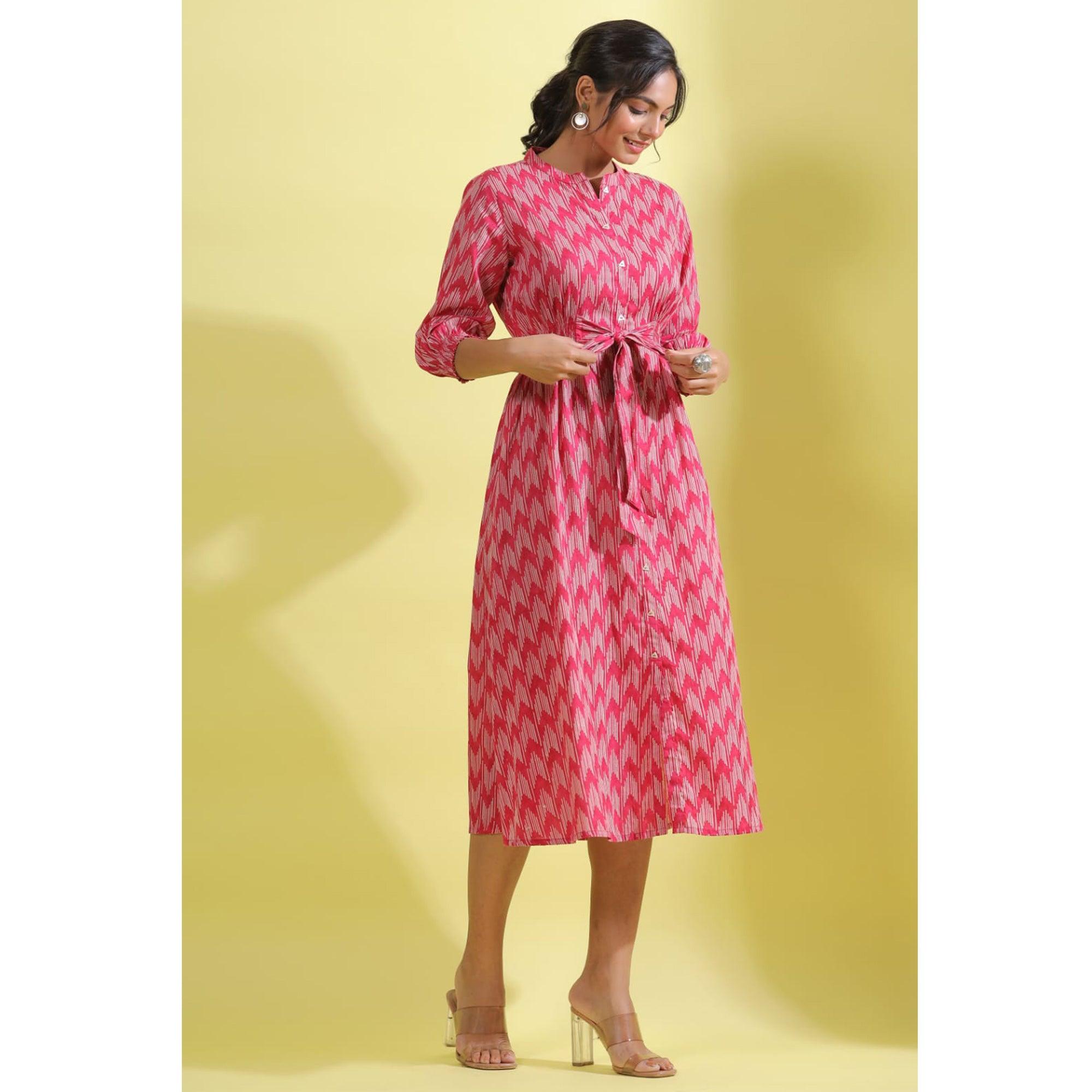 Light Pink Printed Pure Cotton Dress - Peachmode