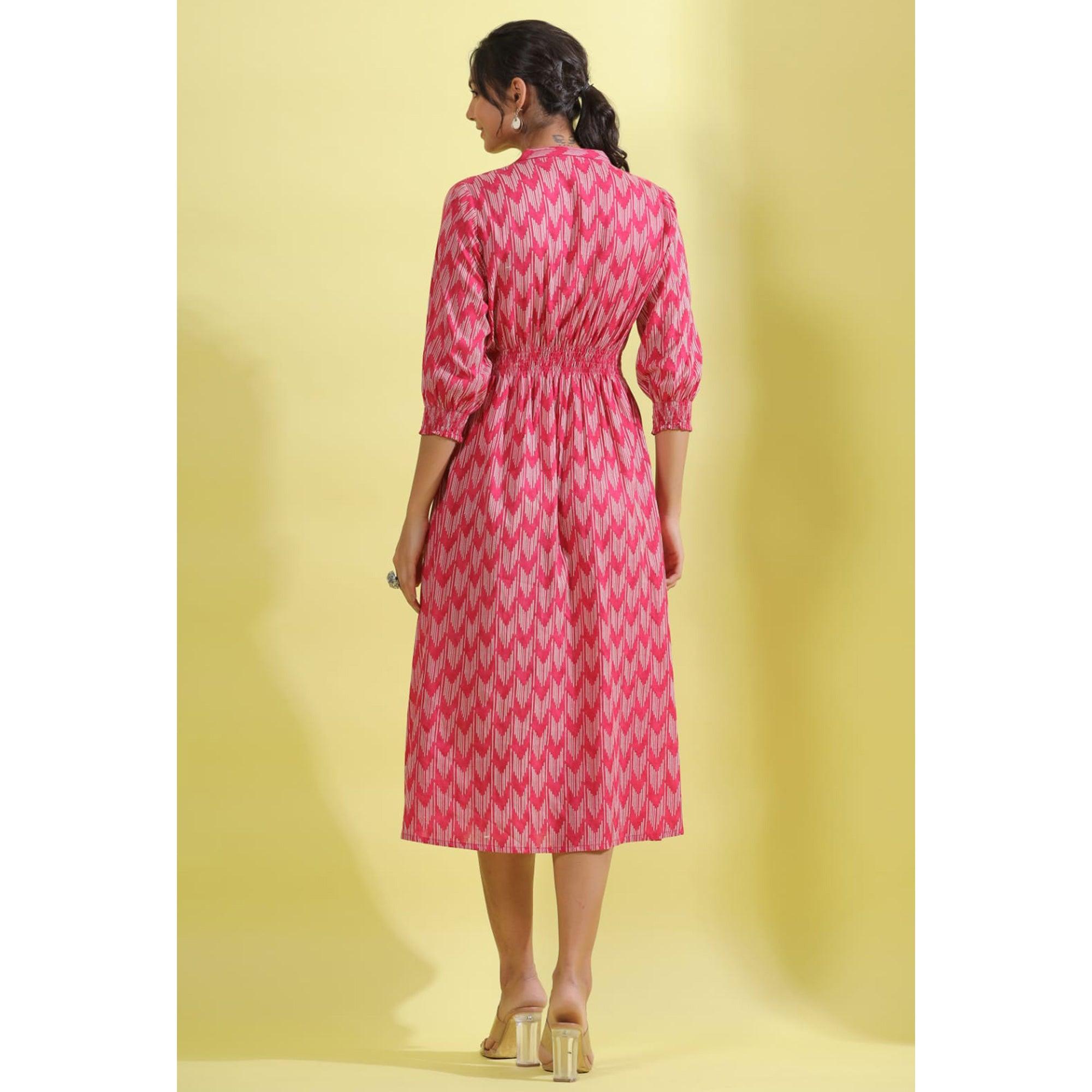 Light Pink Printed Pure Cotton Dress - Peachmode